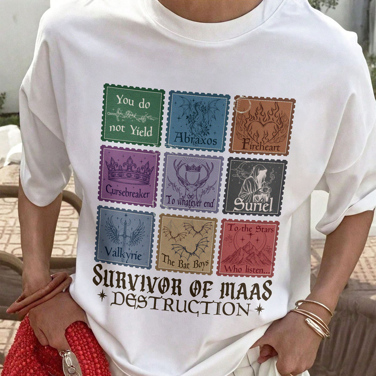 Acotar Survivor of Maas Destruction Fantasy Stamps Book T-shirt PTS9269